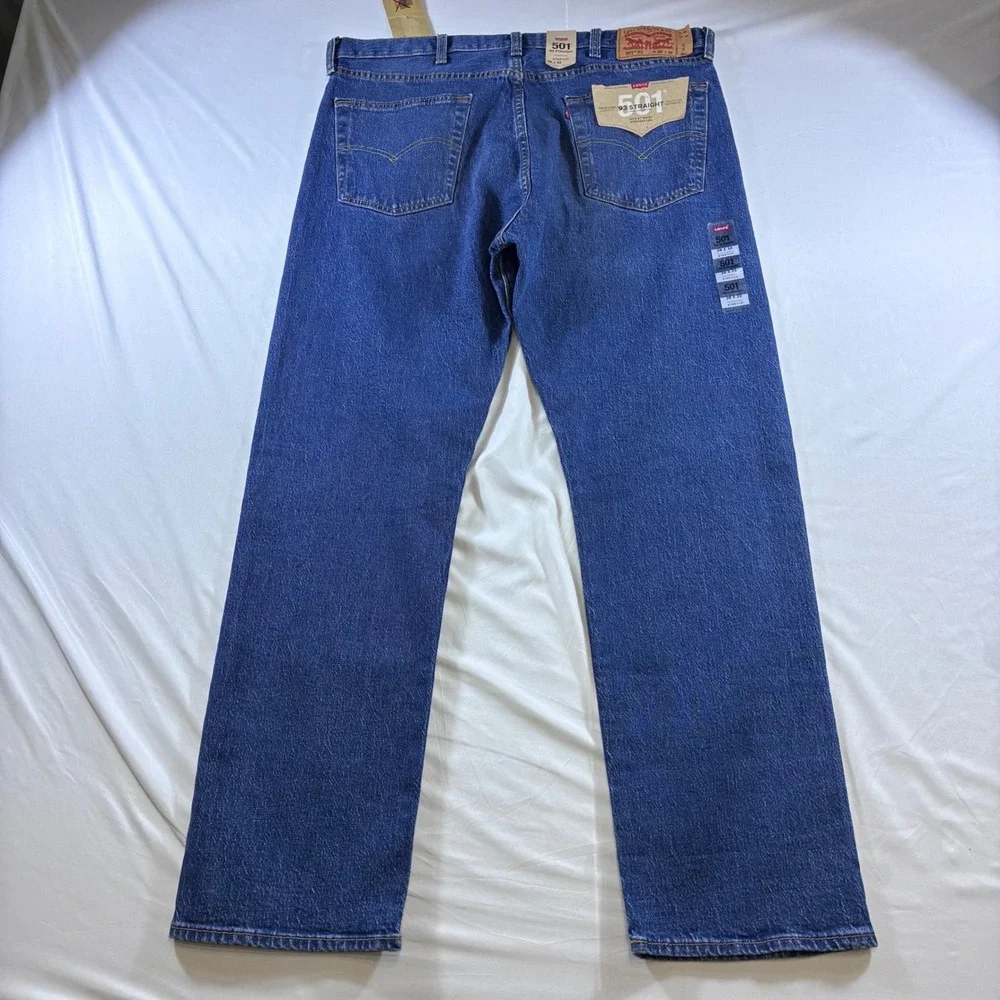Levis 501 93 Straight Jeans Mens 38x32 Blue Stretch Denim Button Fly New